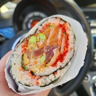 Inside of sushi burrito with hot cheetos!