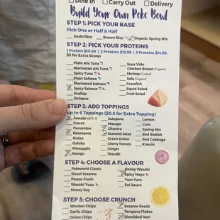 Poke bowl menu