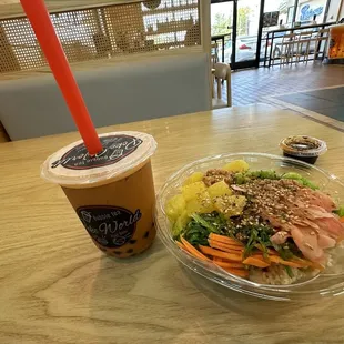 16 oz. Thai Milk Tea, Poke Bowl with 1 Protein
