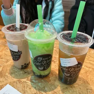 Classic Milk Tea, Green Apple Slush, and Lychee Green Tea