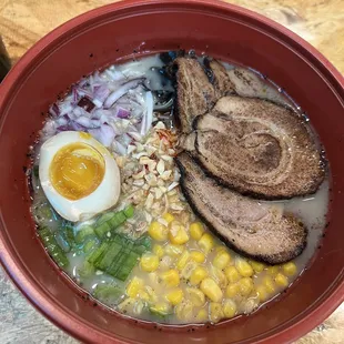 Customized bowl with Tonkotsu broth.