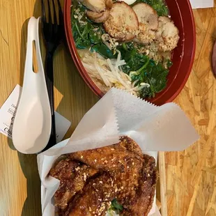 Chicken Ramen and garlic wings