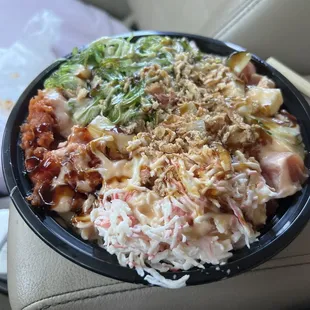 a bowl of food in a car