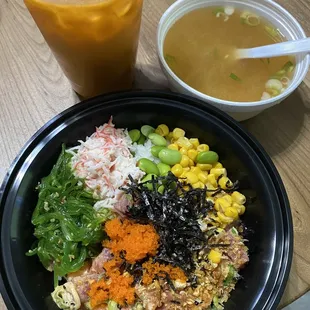 Thai tea, miso soup (free), regular poke bowl with salmon and ahi tuna