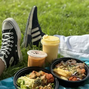 two plates of food on a picnic blanket