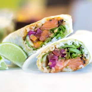 the inside of a burrito cut in half