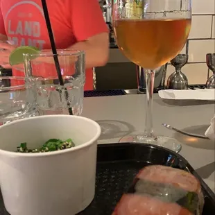 Musabi &amp; seaweed salad @ the Budd Dairy co building. Musabi =a rice cake with grilled spam. Must try.