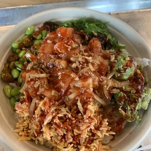 Salmon bowl with crab salad