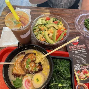 Pork Chasu Ramen, Avocado Salmon Pokebowl, Seaweed Salad, Coffee Bubble Tea