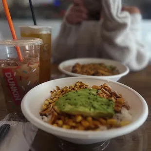 Avocado , Sushi rice, Chicken Gone Wild, 3 sauces etc