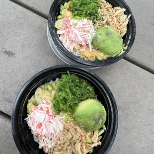 two bowls of food on a picnic table