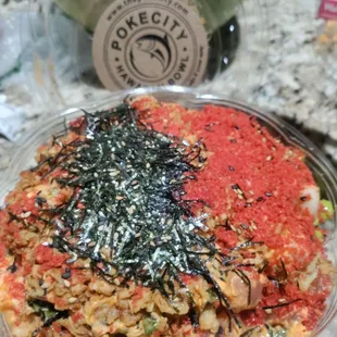 Spicy tuna, scallop, cucumber, seaweed, spicy Cheetos