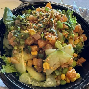 Medium poke salad w/ 2 scoops salmon and 1 scoop yellowtail