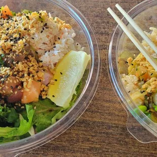 Large Bowl [left] with 2x salmon, albacore, yellowtail, tuna,  1/2 white rice  1/2 mix, green onion, fried garlic, furikake, sesame oil, soy