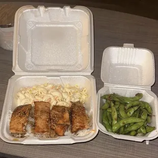 Salmon Teriyaki, Garlic Edamame, Macaroni Salad.