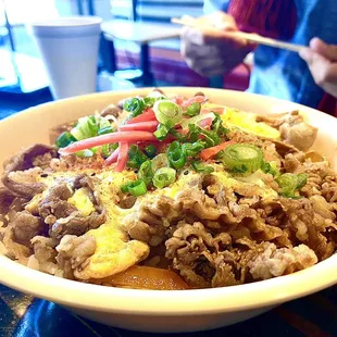 Gyudon Bowl: thinly sliced beef and sautéed onions over rice. So good!