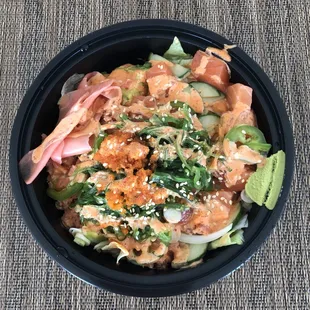 Regular poke bowl w/ spicy tuna &amp; salmon. All the toppings! Ponzu &amp; spicy mayo.
