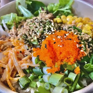 a bowl of food with a variety of toppings