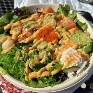Custom Poke Bowl - bay scallops, salmon, spicy tuna