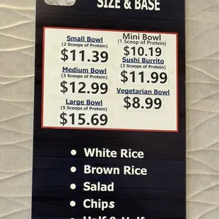 Bowl &amp; Base Menu