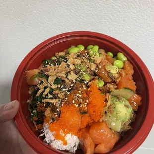 A medium bowl with salmon