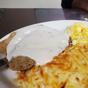 Chicken fried steak and eggs