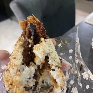 Crispy shrimp onigiri had two large pieces of shrimp inside