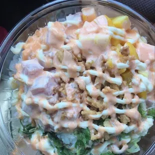 2 Proteins Seaweed Salad Mango Tuna Poke(raw) Cilantro  Fried Onions