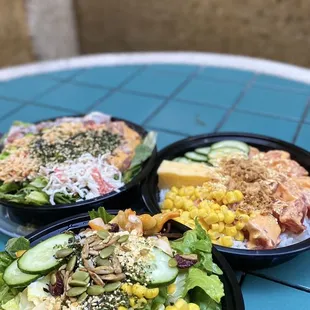 three plates of food on a table