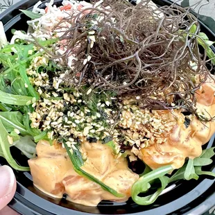 One choice: salmon with spicy mayo, ogo, crab salad and ocean salad, with furikake and garlic chips.