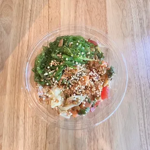 Brown rice, ahi tuna, and salmon