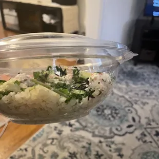 &quot;Tuna keto bowl with cauliflower rice&quot; (minus the tuna).  Not pictured...Coco mango Haupia...because I didn&apos;t get any.