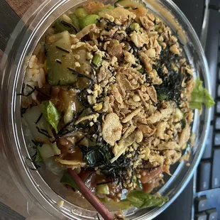 Make my own poke bowl to go, it was good!