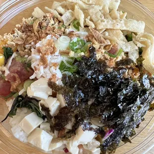 Poke Bowl - Large (3 Proteins) for $18. Quite expensive, but filling and tastes good. IG: @amei.eats