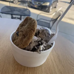 a bowl of ice cream and a cookie