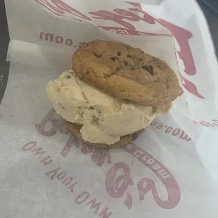 Butter pecan ice cream sandwich with two chocolate chips