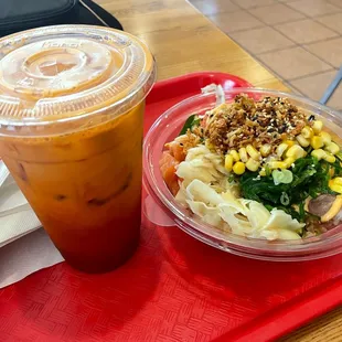 Three Poki Bowl with 3 Scoops Protein and Thai Tea
