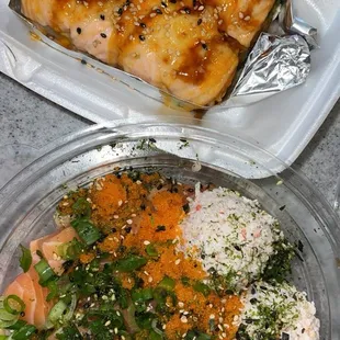 Baked Salmon Roll, and Poki Bowl with 2 Scoops Protein