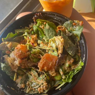 Two protein bowl, salmon and spicy tuna. Thai tea.