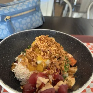 My custom 3 scoop salmon &amp; tuna bowl