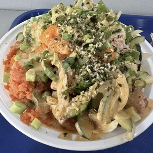 Large size poke w spicy tuna, salmon and ahi tuna
