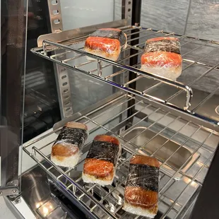 Freshly prepared daily spam Musubi.