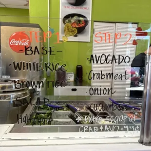Step 1 - Base White Rice  Brown Rice Salad Half/Half  Step 2  Avocado Crabmeat Onion Cucumber *extra scoop Crab &amp; avocado .99$*