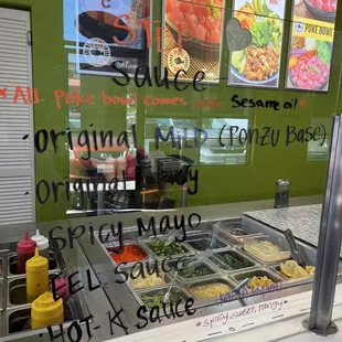 Sauce (All poke bowl come with Sesame oil) OG Mild (Ponzu Base) OG Spicy Spicy Mayo Eel Sauce  Hot K-Sauce (Korean insp, sweet spicy tangy)