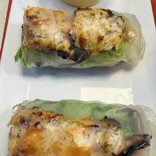 Bake salmon spring rolls deep w Poki' special sauce