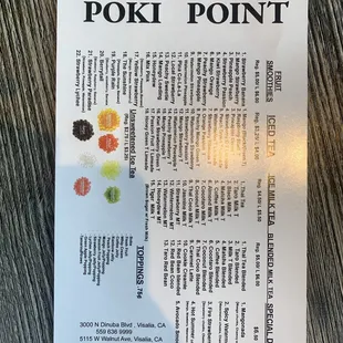 Smoothie, tea, boba and toppings menu