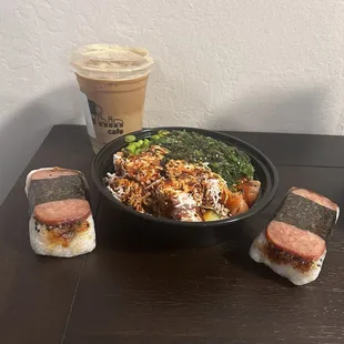 Large Poke Bowl with Spam Musubi and white coffee from Phin Cafe