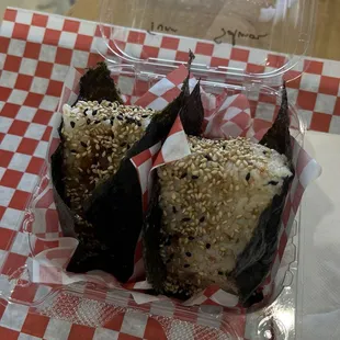 left: spicy tuna onigiri, right: spicy salmon onigiri