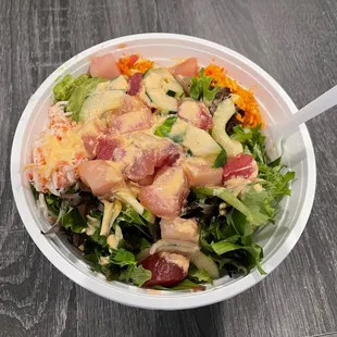 Large Bowl. Mixed Greens &amp; Rice. Tuna, Hamachi and Crab.
