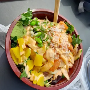 My regular size bowl with greens and Sriracha aioli